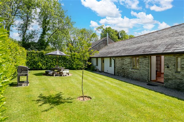 Lawned garden with hedges at sides, BBQ and garden furniture.